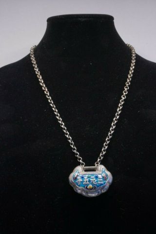 Vintage Chinese Silver And Enamel Lock Pendant On Chain