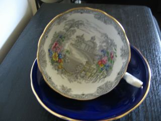 Aynsley Dk Blue Hand Painted Garden Scene Inside Tea Cup And Saucer