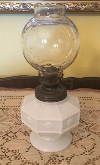 Vintage Antique 8 " White Milk Glass Octagon Embossed Circle Small Oil Lamp