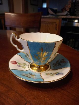 Adderley Tea Cup And Saucer Teal Blue White W/gold Gilt Flowers Clover Pattern