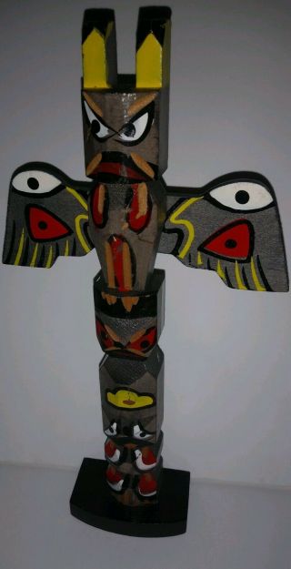 Vintage 8.  5” Handmade Totem Pole Wood Carved Winged Statue Wings