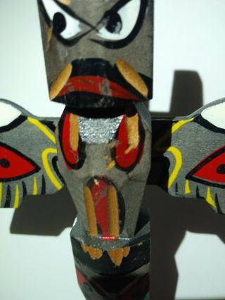 Vintage 8.  5” Handmade Totem Pole Wood Carved Winged Statue Wings 3