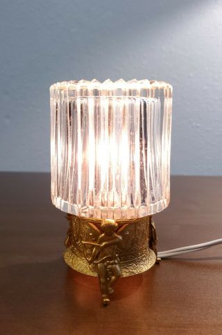 Vintage 5 " Mini Table Lamp/night - Light Fluted Glass Cover - Gold Base Cupids Angel