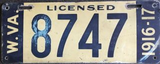 1916 - 17 West Virginia License Plate Vintage Garage