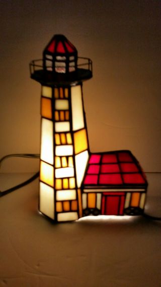 Vtg Tiffany Style Stained Glass Lighthouse Accent Table Lamp Night Light 9.  5 " H
