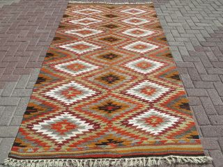 Vintage Turkish Kilim Geometric Design Handmade Wool Floor Carpet 55,  1 " X101,  9 "
