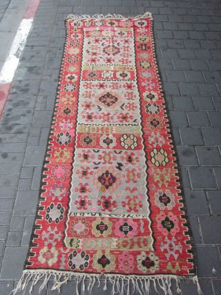 Antique Turkish Wool Rug Carpet Kilim Rare Hand Made 230x80 - Cm / 90.  5x31.  4 - Inche