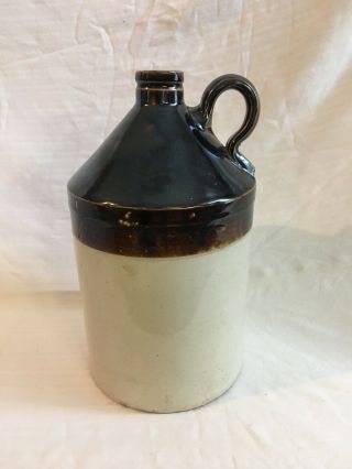 Vintage Stoneware Whiskey Moonshine Jug Two Tone Brown Ceramic Crock