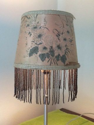 Old Antique Victorian Floral Fabric Table Lamp Shade Beaded Fringe Wire Clip On