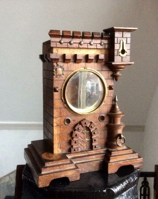 Antique Victorian Arts & Crafts Mantel Clock Case,  Oak,  Tower Shape,  Bronze Details