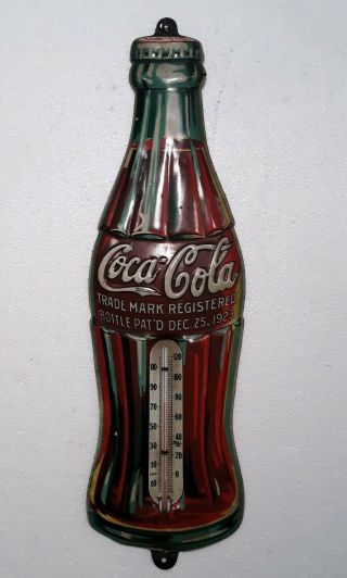 Vintage Dated 1933 Coca Cola Tin Chiristmas Bottle Thermometer Dec 25 1923 Sign