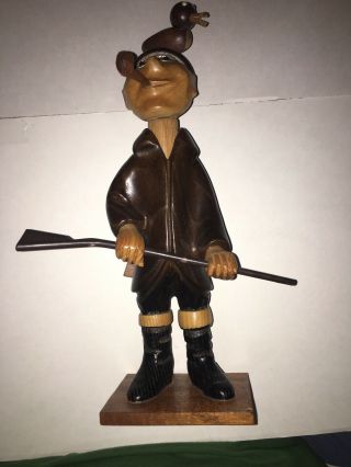 Great Complete Vintage Romer Wood Duck Hunter Hand Carved In Italy W Gun & Pipe