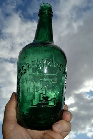 Vintage Congress & Empire Springs “E” Deep Green Whittle Mold Water Bottle 2