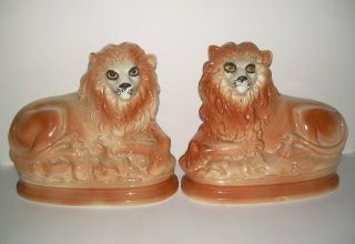 Antique Staffordshire Lion Pair Old English Pottery 12 " Matched Pair Glass Eyes