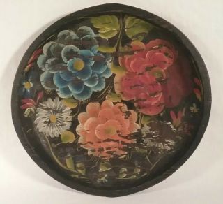 Vintage Round Wooden Hand Painted Floral Tole Toleware Tray 15 3/4 "