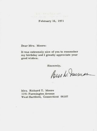 First Lady Bess W.  Truman Signed Letter
