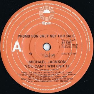 Michael Jackson Rare Oz Promo 45 You Can’t Win (parts 1) Vg,  ’78 Epic R&b Soul