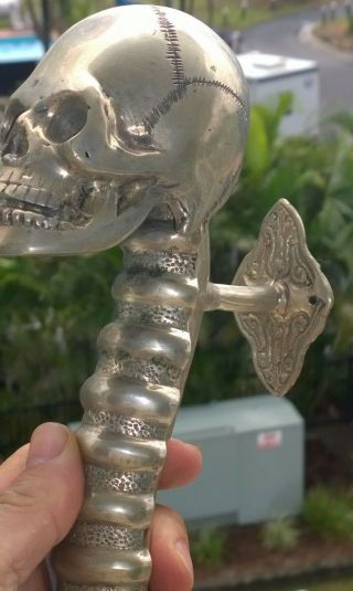 large SKULL head handle DOOR PULL spine SILVER BRASS old vintage style 13 