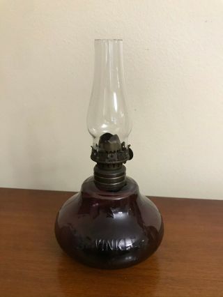 Miniature Antique Amethyst Glass Twinkle Oil Lamp W/ Chimney & Stars