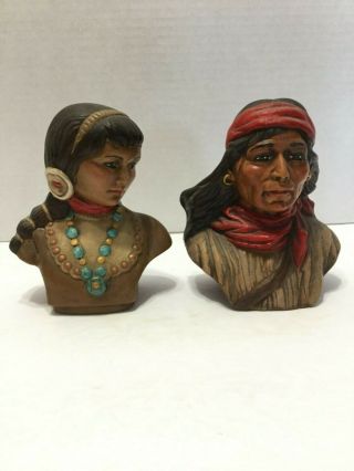 Vintage Native American Indian Man And Woman Bust Figurine