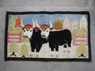 Antique Folk Art Hooked Rug On Burlap Two Oxen Maude Lewis Style
