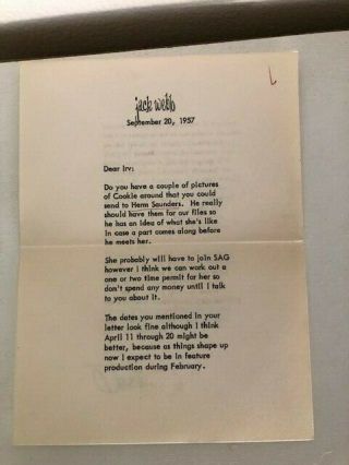 Jack Webb Signed Letter To Irv Kupcinet 1957 Re / His Daughter,  Karyn (cookie)