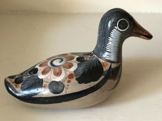 Vintage Mexican Folk Art Tonala Pottery Duck Bird Handpainted Earth Tones Signed