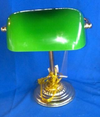 Vintage Bankers Desk Lamp Emerald Green Glass Shade Brass Base Library Office