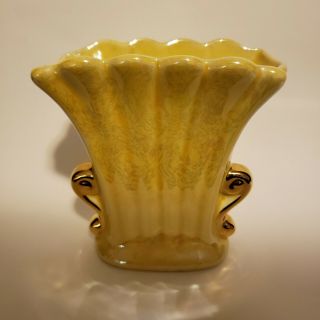 Bright Yellow Iridescent Lusterware Fan Vase With 22k Gold Plated Handles