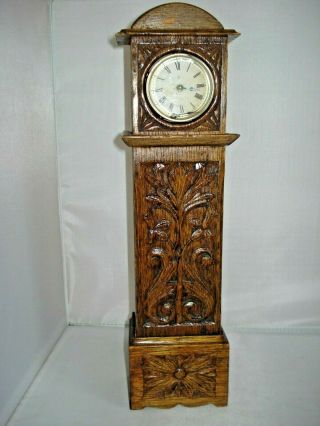 Antique Miniature Grandfather Clock Carved Oak Case Ansonia Us Spares & Repairs