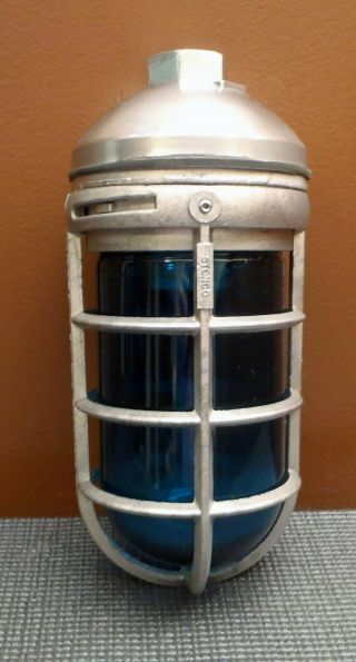 Vintage Stonco Explosion Proof Caged Light With Blue Globe