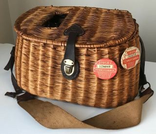 Antique Wicker Willow Fishing Creel Basket With Leather Trim Pa Fishing Licenses