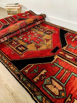 Vtg C1930 Persian Tribal Serapi Heriz Rug 100 Wool Pile 3x12 Handmade Crimson