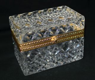 Vintage Cut Crystal Jewelry Casket Trinket Box Ornate Gilt Trim & Mounts -