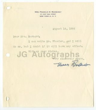 Eleanor Roosevelt - U.  S.  First Lady - Autographed Typed Letter From 1956