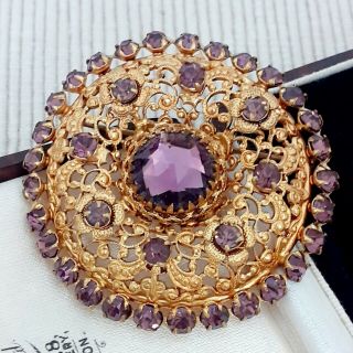Vintage Art Deco Czech Filigree Large Round Purple Brooch