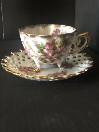 Vintage Trimont Ware Footed Teacup And Reticulated Saucer Pink Floral Flowers