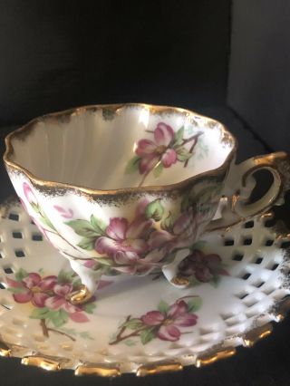 Vintage Trimont Ware Footed Teacup and Reticulated Saucer Pink Floral Flowers 2