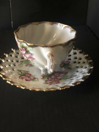 Vintage Trimont Ware Footed Teacup and Reticulated Saucer Pink Floral Flowers 3
