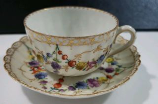 Antique Dresden Floral Gold Tea Cup And Saucer