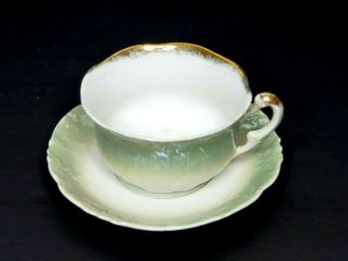 Vintage Ceramic Green Leaf Cabbage Tea Cup & Saucer Set Gold Trim