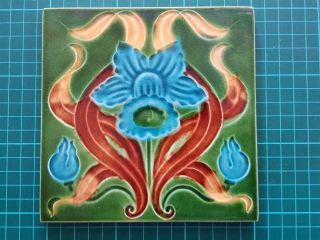 Vintage Majolica Art Nouveau Deco Blue Daffodil Embossed Tile Hand Painted