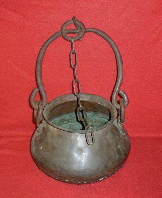 Antique Hammered Copper Kettle Flower Pot W Chain For Hanging Outside Or In