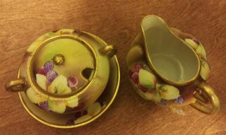 Antique NIPPON Raspberry Creamer and Sugar Bowl w/ Lid HP Handpainted Japan 3