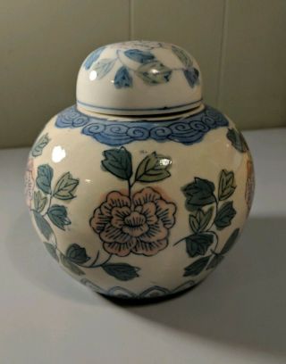 Small Chinese Ginger Jar W Lid Pink Flowers & Leaves W Blue Leaves