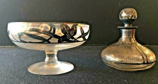 Antique Glass And Silver Overlay Perfume Bottle And Bowl