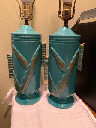 Pair Vintage Retro Mid Century Modern Atomic Lamps Eames Era Turquoise Mcm
