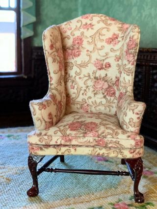 Vintage Miniature Dollhouse Artisan Upholstered English Rose Wing Back Chair Fab