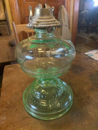 Antique Vintage Old Green Vaseline Depression Glass Kerosene Oil Lamp