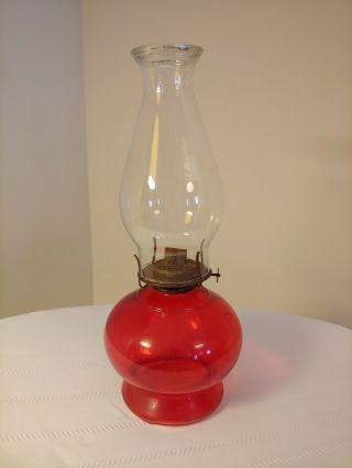 Antique Ruby Red Glass Oil Lamp Lantern W/ Fluted Chimney & Eagle Burner